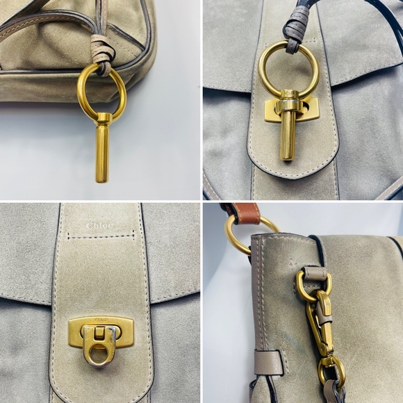 Chloe Lexa Crossbody Bag Suede Leather Medium Flap Key Taupe Beige Gray Boho - Picture 11 of 16